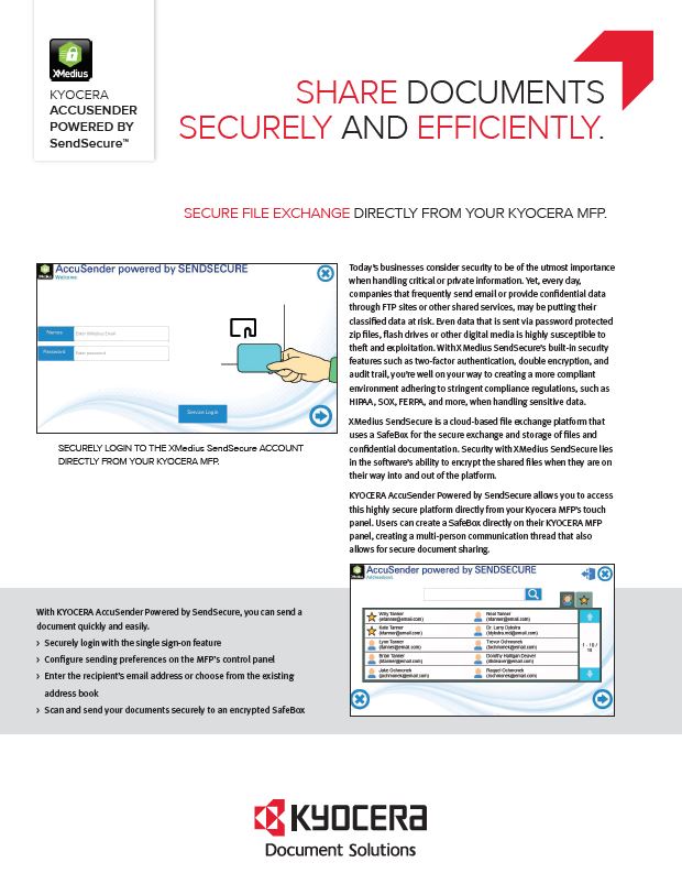 Kyocera Software Capture And Distribution Accusender Powered By Sendsecure Data Sheet Thumb, MBM Business Systems, Kyocera, Copystar, HP, KIP, New York, New Jersey, Connecticut, NY, NJ, CT,PA, Dealer, Reseller, Copier, Printer, MFP