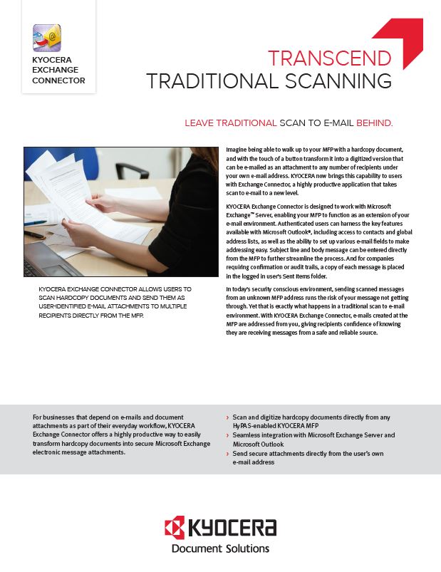 Kyocera Software Capture And Distribution Exchange Connector Brochure Thumb, MBM Business Systems, Kyocera, Copystar, HP, KIP, New York, New Jersey, Connecticut, NY, NJ, CT,PA, Dealer, Reseller, Copier, Printer, MFP