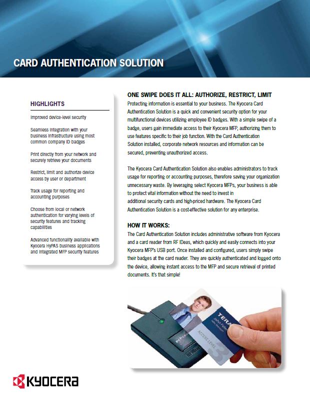 Kyocera Software Cost Control And Security Card Authentication Data Sheet Thumb, MBM Business Systems, Kyocera, Copystar, HP, KIP, New York, New Jersey, Connecticut, NY, NJ, CT,PA, Dealer, Reseller, Copier, Printer, MFP
