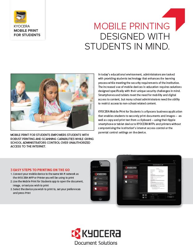 Kyocera Software Mobile And Cloud Kyocera Mobile Print For Students Data Sheet Thumb, MBM Business Systems, Kyocera, Copystar, HP, KIP, New York, New Jersey, Connecticut, NY, NJ, CT,PA, Dealer, Reseller, Copier, Printer, MFP