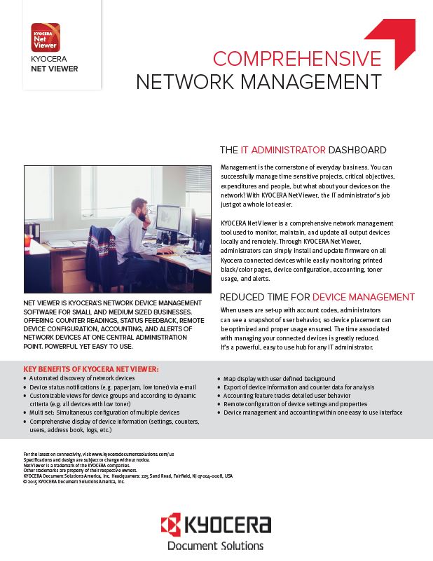 Kyocera Software Network Device Management Kyocera Net Viewer Data Sheet Thumb, MBM Business Systems, Kyocera, Copystar, HP, KIP, New York, New Jersey, Connecticut, NY, NJ, CT,PA, Dealer, Reseller, Copier, Printer, MFP