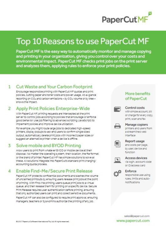 Top 10 Reasons, Papercut MF, MBM Business Systems, Kyocera, Copystar, HP, KIP, New York, New Jersey, Connecticut, NY, NJ, CT,PA, Dealer, Reseller, Copier, Printer, MFP